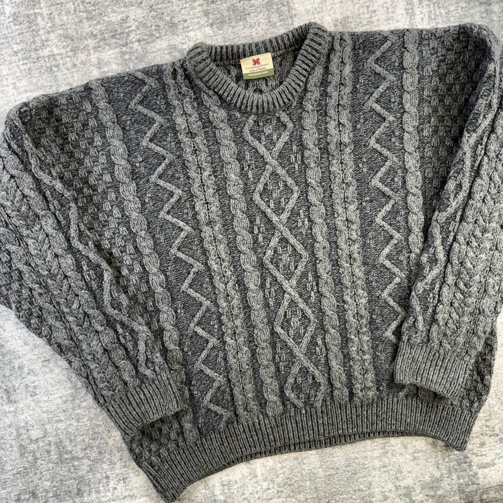 Carraig Donn Sweater Mens Large Gray Blue Cable Knit Aran Merino Wool Fisherman
